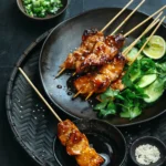 asiatische hühnchen spieße auf teller mit gemüse